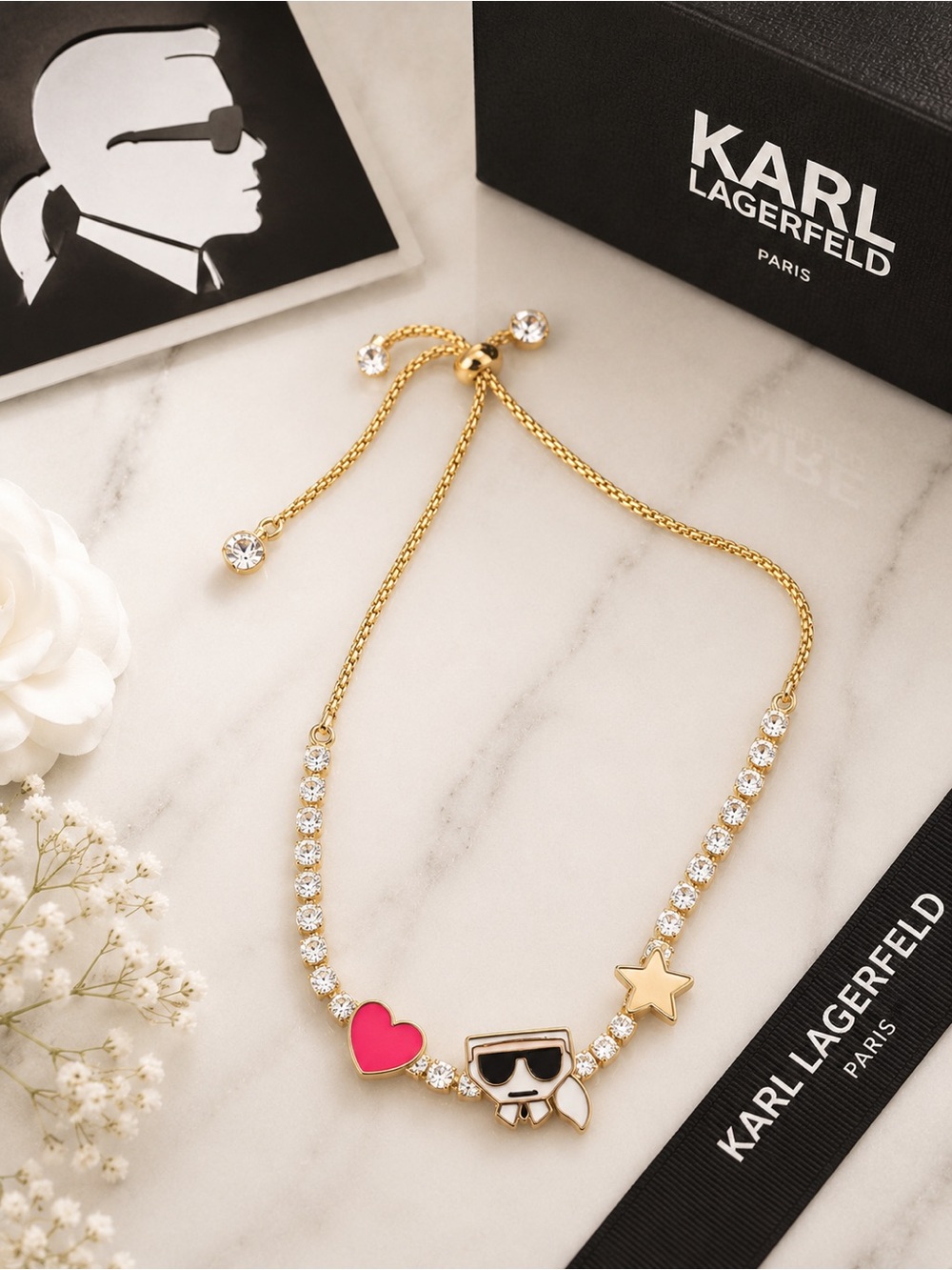Karl Lagerfeld Gold Bracelet with Pink Heart, Star & Icon Charm